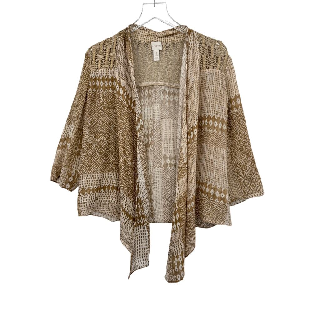 Chico's cardigan size M 100% linen crochet open front cropped aztec boho